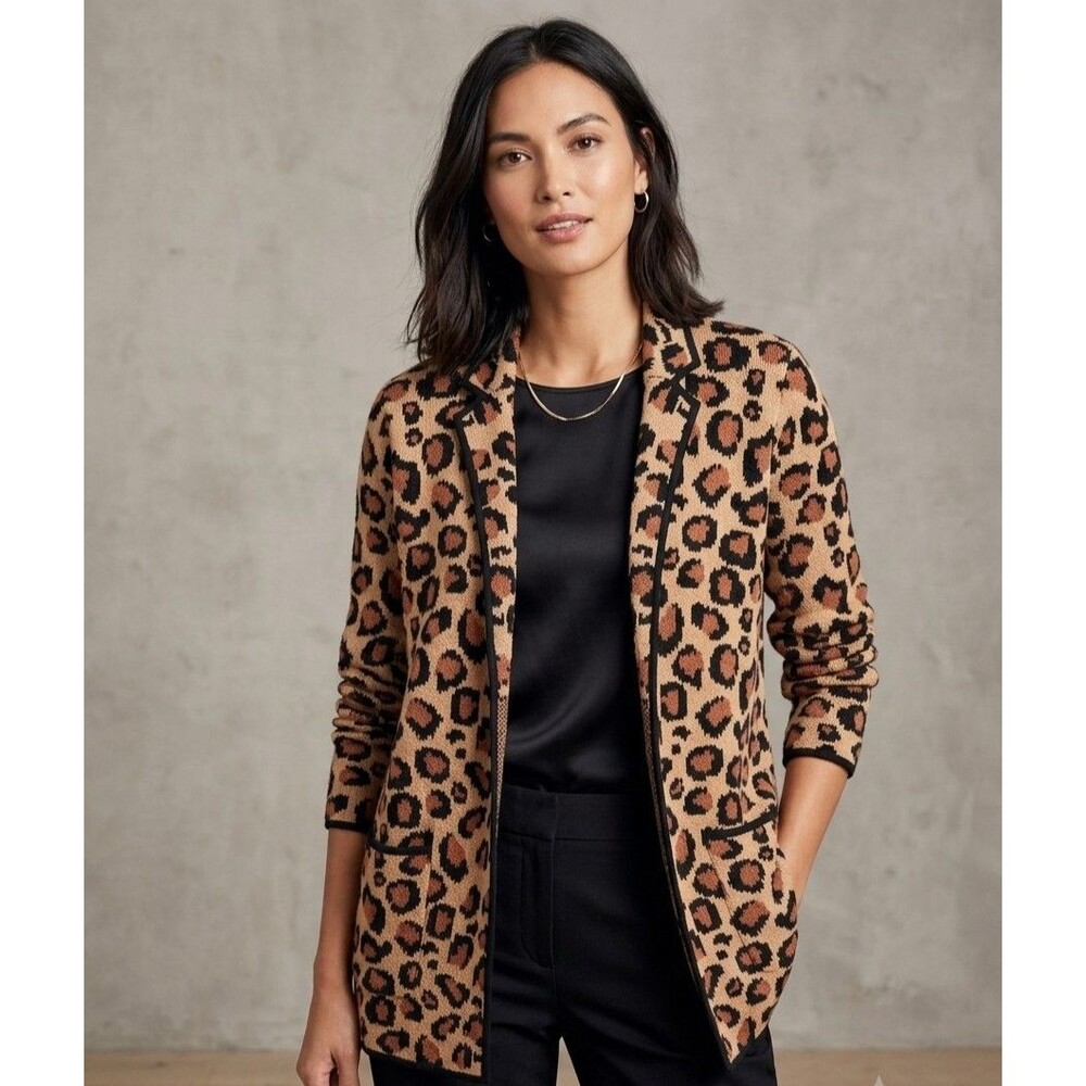 Talbots Animal Print Open Front Cardigan Sweater Wool Blend Size L